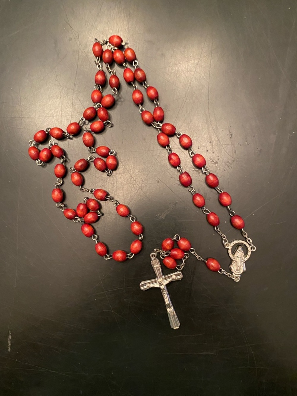 Red Wooden Bead Rosary Necklace with Silver Cross